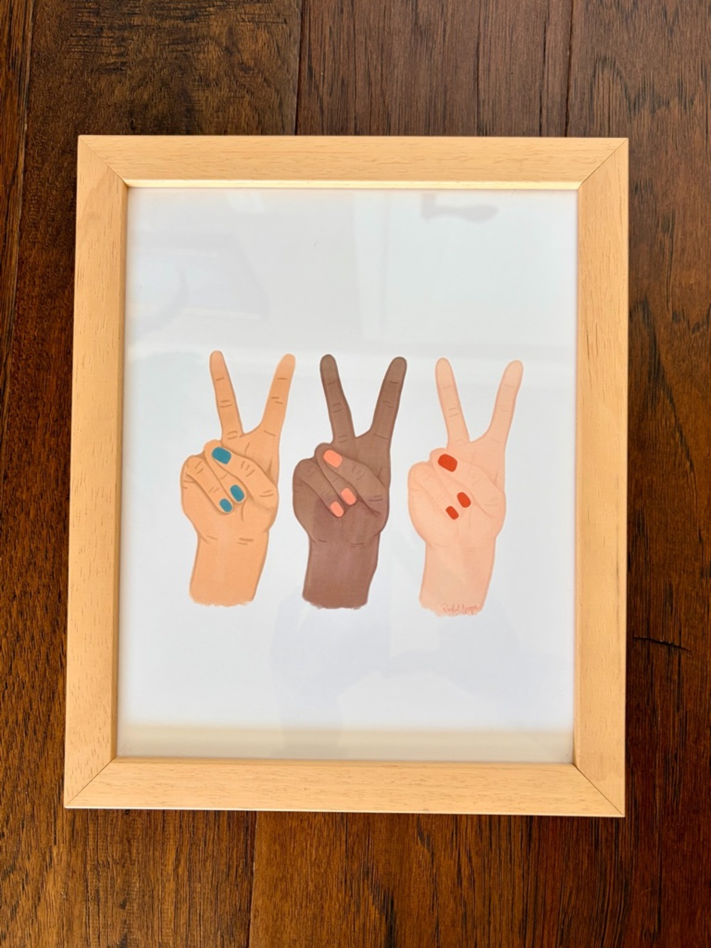 Peace Sign Print in Light Natural Wood Frame w Hanging Hardware